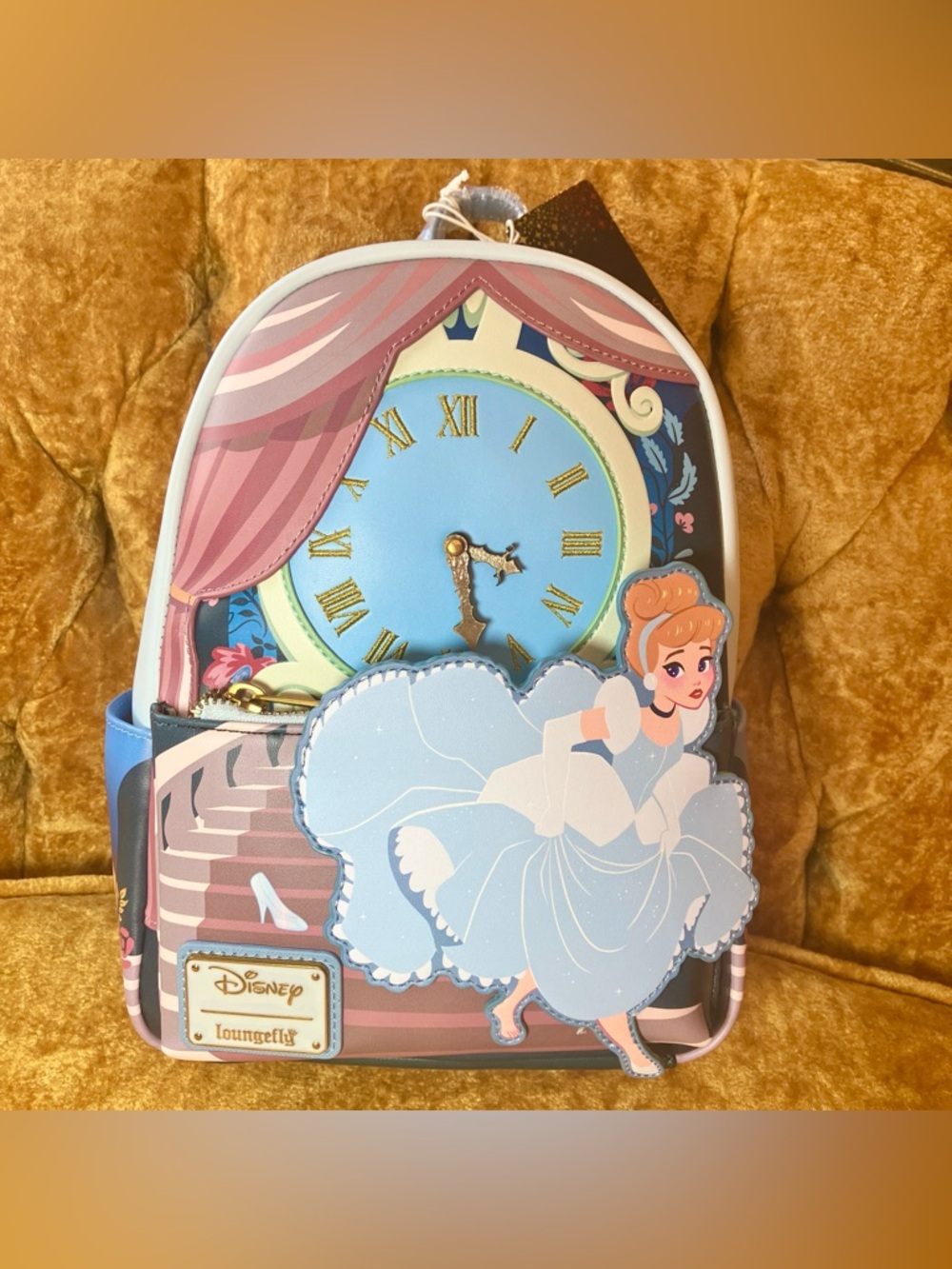 NWT Loungefly Disney Cinderella Running Scene Mini Backpack Clock Slipper Blue